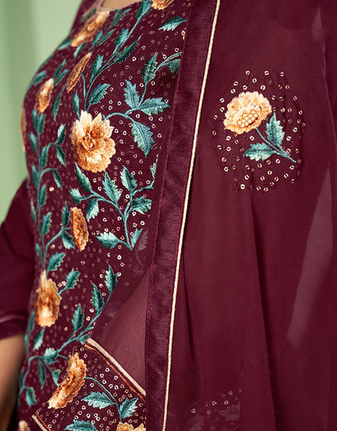 Wine Palazzo style Suit Georgette Salwar Kameez in Embroidery, Heavy Sequins & Lace Work Closure View Embroidery Back side View
