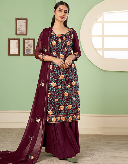 Wine Palazzo style Suit Georgette Salwar Kameez in Embroidery, Heavy Sequins & Lace Work