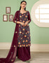 Wine Palazzo style Suit Georgette Salwar Kameez in Embroidery, Heavy Sequins & Lace Work