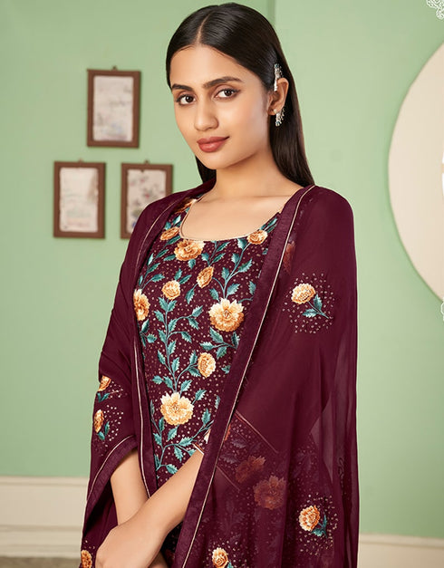 Wine Palazzo style Suit Georgette Salwar Kameez in Embroidery, Heavy Sequins & Lace Work Closure View Embroidery