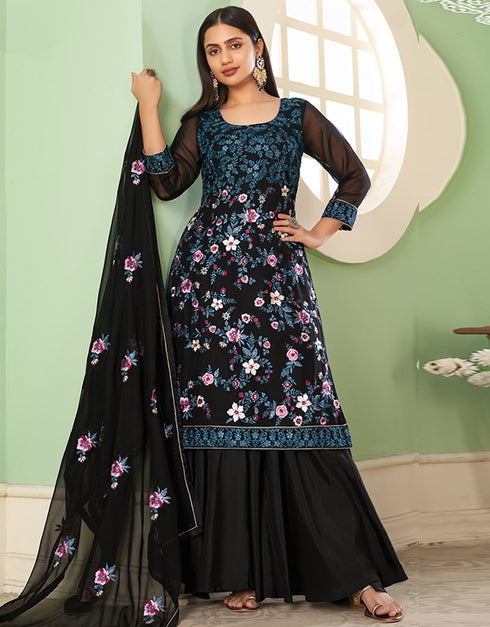 Black Palazzo style Suit Georgette Salwar Kameez in Embroidery, Heavy Sequins & Lace Work