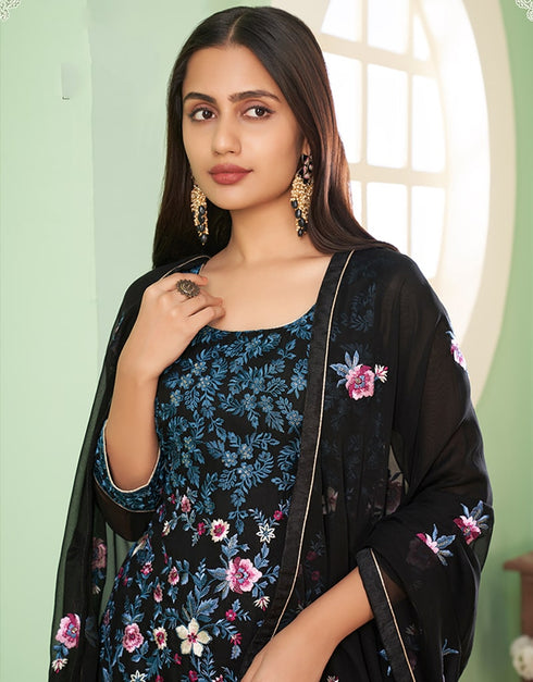 Black Palazzo style Suit Georgette Salwar Kameez in Embroidery, Heavy Sequins & Lace Work Closure View Embroidery Back side View