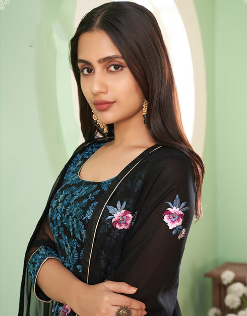 Black Palazzo style Suit Georgette Salwar Kameez in Embroidery, Heavy Sequins & Lace Work Closure View Embroidery