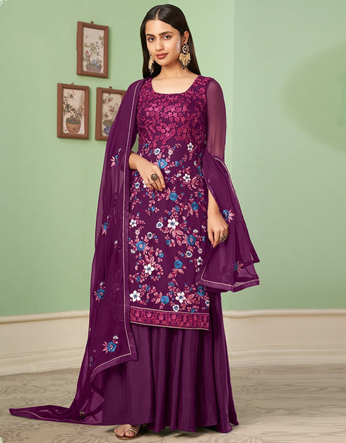 Purple Palazzo style Suit Georgette Salwar Kameez in Embroidery, Heavy Sequins & Lace Work Closure View