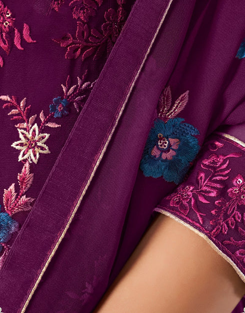 Purple Palazzo style Suit Georgette Salwar Kameez in Embroidery, Heavy Sequins & Lace Work Closure View Embroidery Back side View