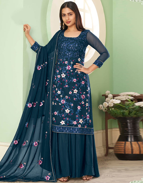 Teal Palazzo style Suit Georgette Salwar Kameez in Embroidery, Heavy Sequins & Lace Work