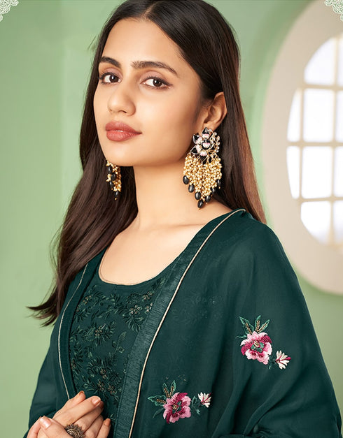 Green Palazzo style Suit Georgette Salwar Kameez in Embroidery, Heavy Sequins & Lace Work Closure View Embroidery Back side View