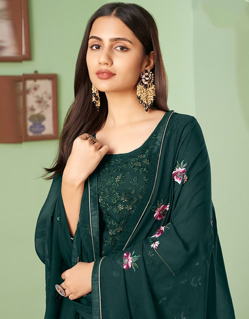 Green Palazzo style Suit Georgette Salwar Kameez in Embroidery, Heavy Sequins & Lace Work Closure View Embroidery