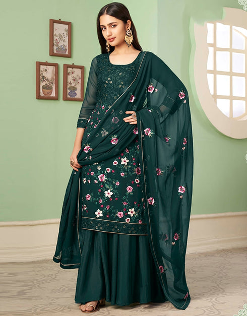 Green Palazzo style Suit Georgette Salwar Kameez in Embroidery, Heavy Sequins & Lace Work Closure View