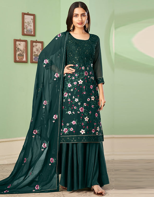 Green Palazzo style Suit Georgette Salwar Kameez in Embroidery, Heavy Sequins & Lace Work