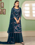 Teal Palazzo style Suit Georgette Salwar Kameez in Embroidery, Heavy Sequins & Lace Work Closure View