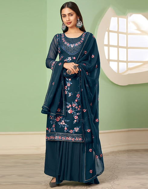 Teal Palazzo style Suit Georgette Salwar Kameez in Embroidery, Heavy Sequins & Lace Work Closure View Embroidery