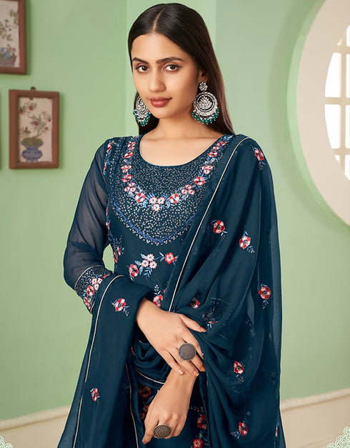 Teal Palazzo style Suit Georgette Salwar Kameez in Embroidery, Heavy Sequins & Lace Work Closure View Embroidery Back side View