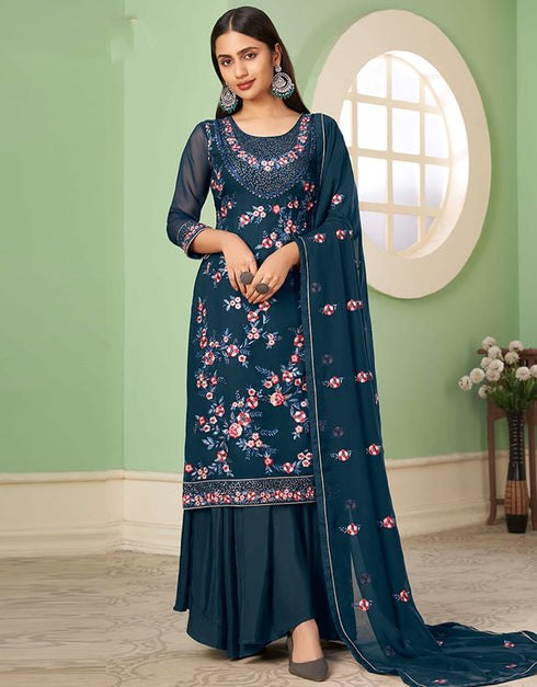Teal Palazzo style Suit Georgette Salwar Kameez in Embroidery, Heavy Sequins & Lace Work