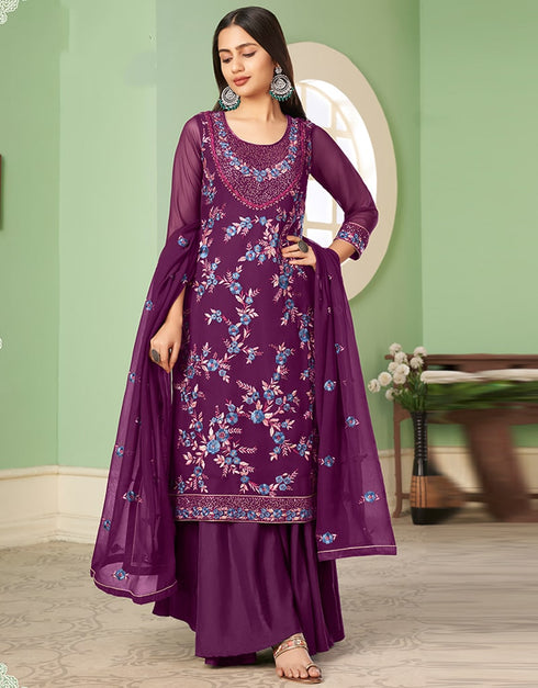 Purple Palazzo style Suit Georgette Salwar Kameez in Embroidery, Heavy Sequins & Lace Work Closure View