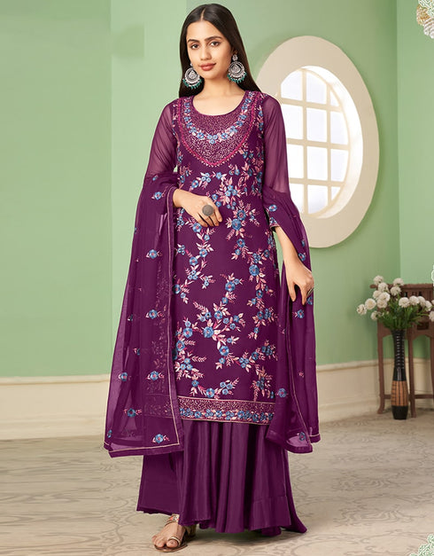 Purple Palazzo style Suit Georgette Salwar Kameez in Embroidery, Heavy Sequins & Lace Work Closure View Embroidery