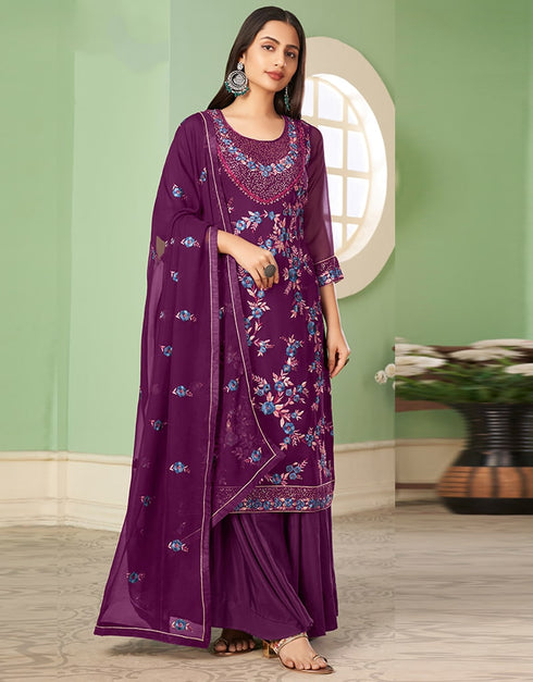 Purple Palazzo style Suit Georgette Salwar Kameez in Embroidery, Heavy Sequins & Lace Work Closure View Embroidery Back side View