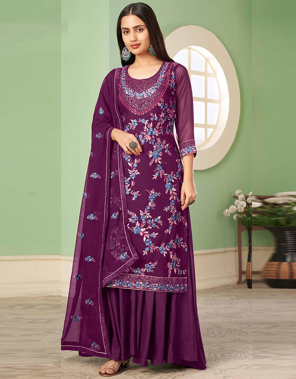 Purple Palazzo style Suit Georgette Salwar Kameez in Embroidery, Heavy Sequins & Lace Work
