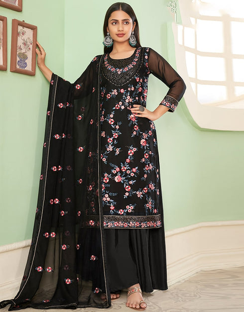 Black Palazzo style Suit Georgette Salwar Kameez in Embroidery, Heavy Sequins & Lace Work Closure View