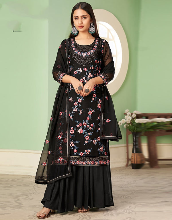 Black Palazzo style Suit Georgette Salwar Kameez in Embroidery, Heavy Sequins & Lace Work