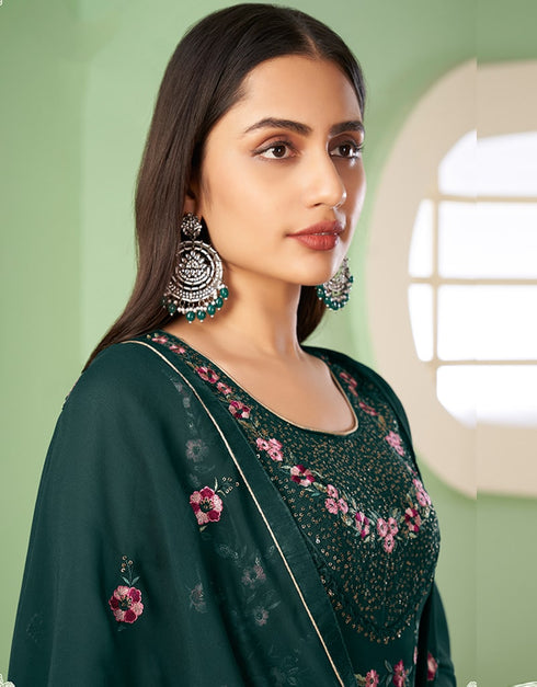 Green Palazzo style Suit Georgette Salwar Kameez in Embroidery, Heavy Sequins & Lace Work Closure View Embroidery