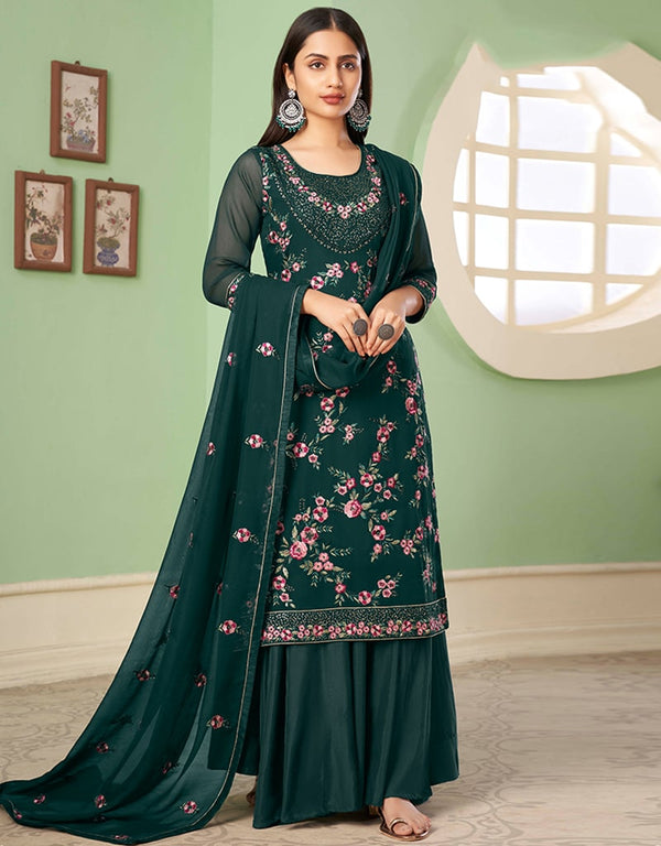 Green Palazzo style Suit Georgette Salwar Kameez in Embroidery, Heavy Sequins & Lace Work