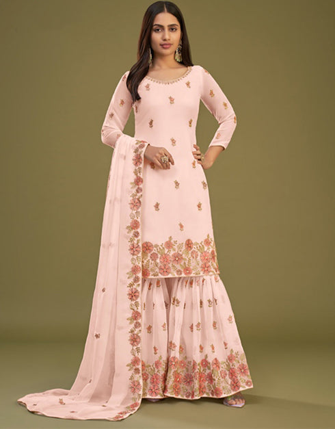Designer Party Wear Readymade Salwar Suit Peach Georgette Sharara Suit Front View