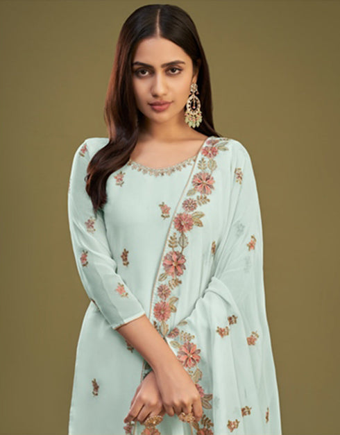 Designer Party Wear Readymade Salwar Suit Firozi Georgette Sharara Suit Close-up View