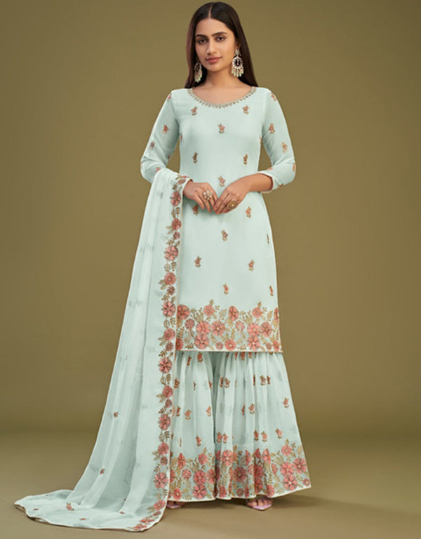 Designer Party Wear Readymade Salwar Suit Firozi Georgette Sharara Suit Front View