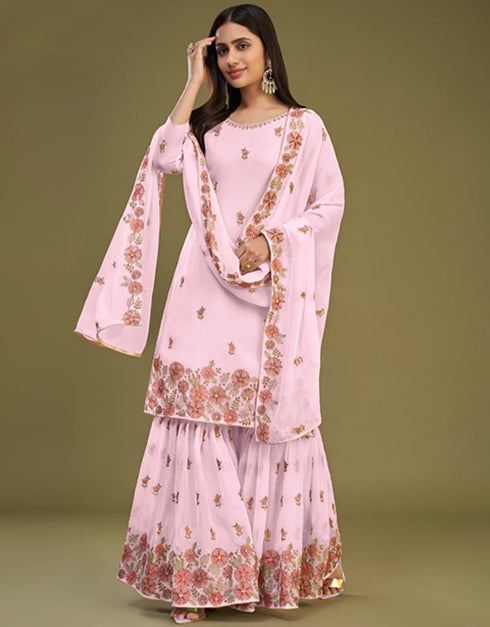 Designer Party Wear Readymade Salwar Suit Pink Georgette Sharara Suit Front View