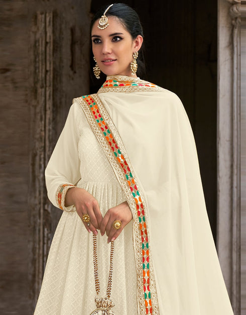 Off White Anarkali style Anarkali Semi-Stitched Suits Salwar Kameez in Embroidery, Heavy Sequins & Lace Work Closure View