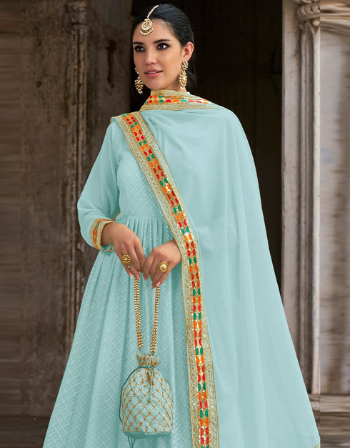 Light Sky Blue Anarkali style Anarkali Semi-Stitched Suits Salwar Kameez in Embroidery, Heavy Sequins & Lace Work Closure View