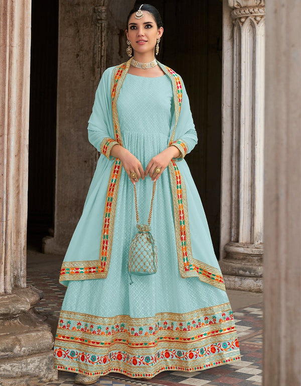 Light Sky Blue Anarkali style Anarkali Semi-Stitched Suits Salwar Kameez in Embroidery, Heavy Sequins & Lace Work