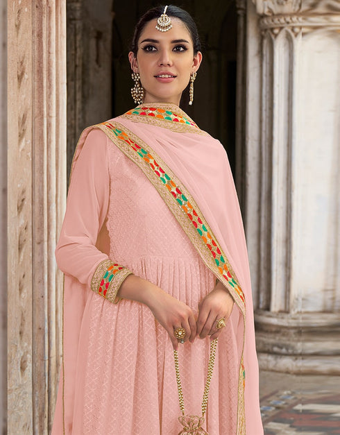 Light Pink Anarkali style Anarkali Semi-Stitched Suits Salwar Kameez in Embroidery, Heavy Sequins & Lace Work Closure View