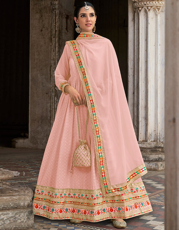 Light Pink Anarkali style Anarkali Semi-Stitched Suits Salwar Kameez in Embroidery, Heavy Sequins & Lace Work