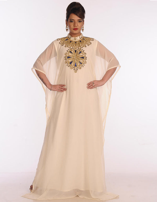 Dubai Off White Georgette Hand Embroidery Party Wear Kaftan