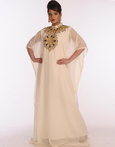 Dubai Off White Georgette Hand Embroidery Party Wear Kaftan