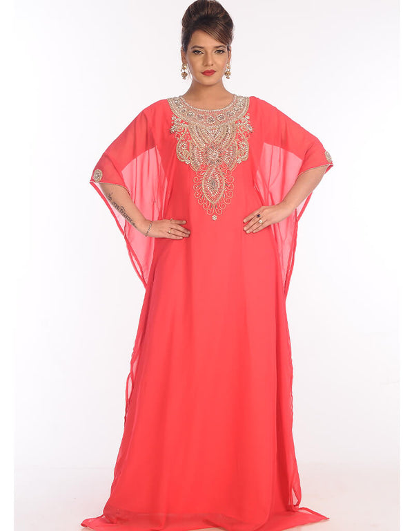Muslim Peach Georgette Hand Embroidery Party Wear Kaftan