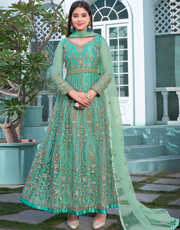 Heavy Butterfly Net Pista Green Anarkali Suit Pant Bottom