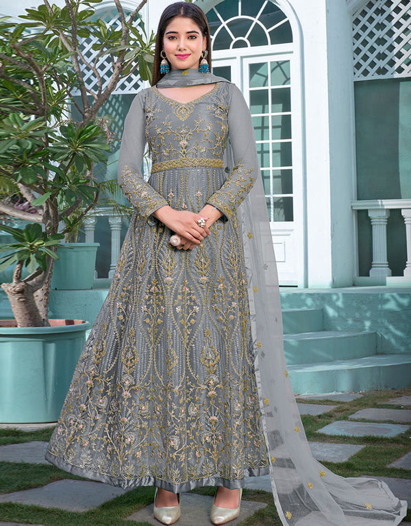 Heavy Butterfly Net Grey Anarkali Suit Pant Bottom