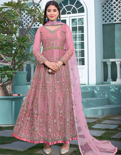 Heavy Butterfly Net Pink Anarkali Suit Pant Bottom