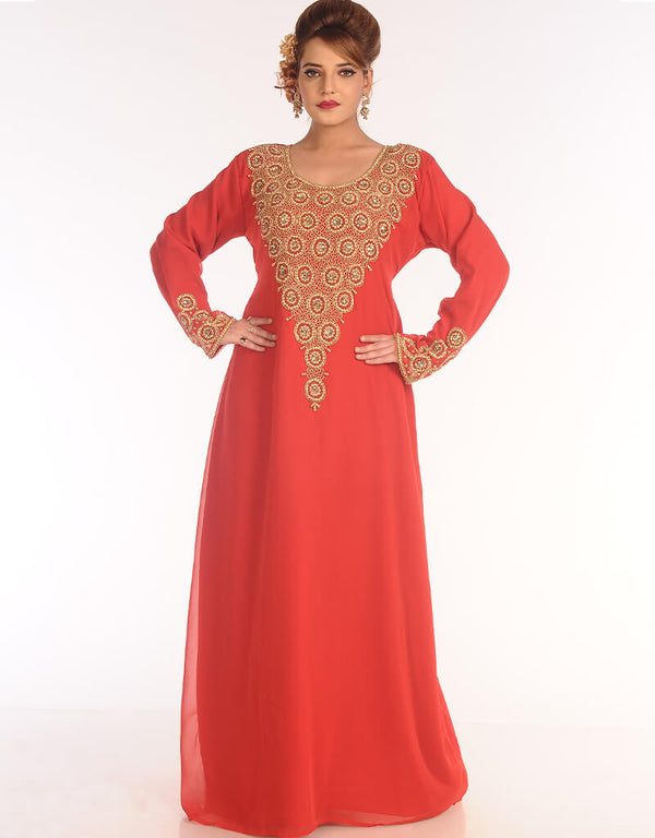 Islamic Red Georgette Hand Embroidery Party Wear Kaftan