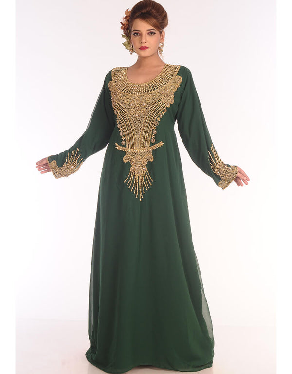 Arabic Bottle Green Georgette Hand Embroidery Party Wear Kaftan