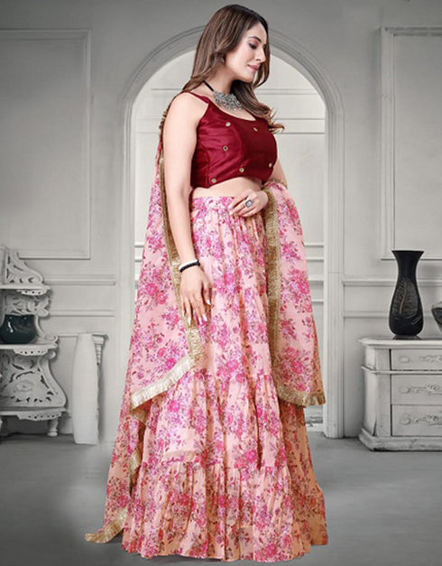 Traditional Party Wear Heavy Lehenga Choli Red Silk Satin Lehenga Choli Back View