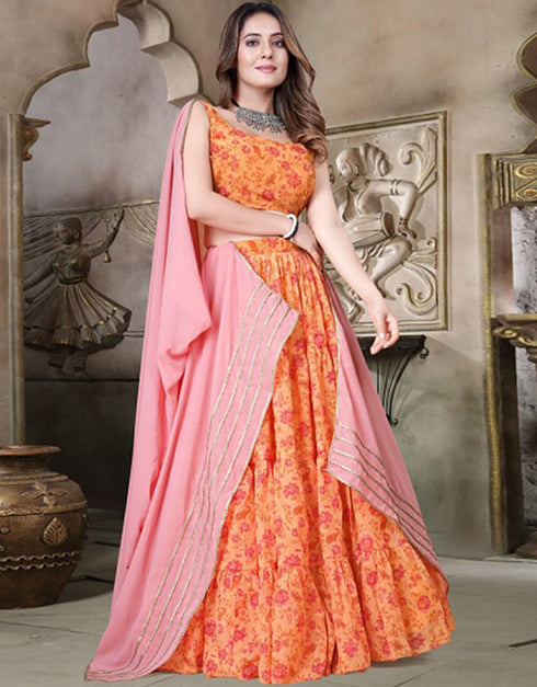 Traditional Party Wear Heavy Lehenga Choli Deep Orange Teby Organza Lehenga Choli Front View