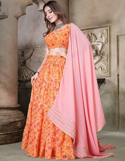Traditional Party Wear Heavy Lehenga Choli Deep Orange Teby Organza Lehenga Choli Close-up View
