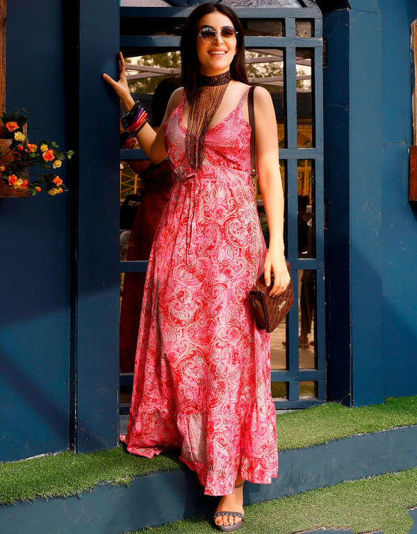light salmon rayon trendy designer party wea readymade gown digital printed work details for gown ie-2102 Front View