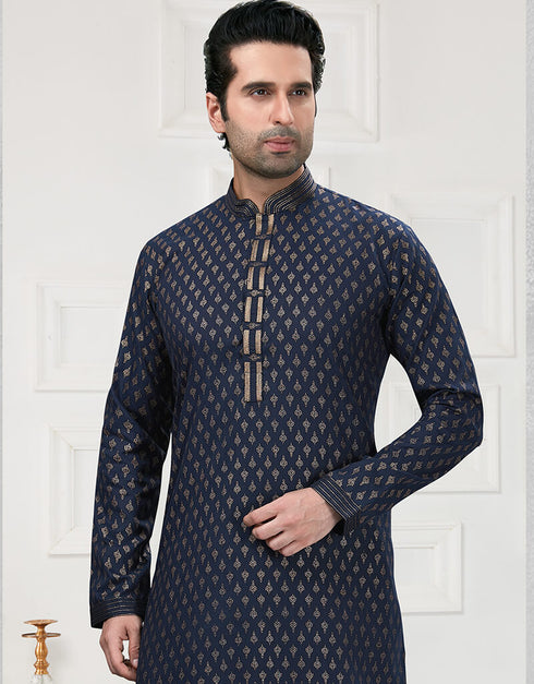 Navy Blue Kurta Cotton Printed Churidar Closure View