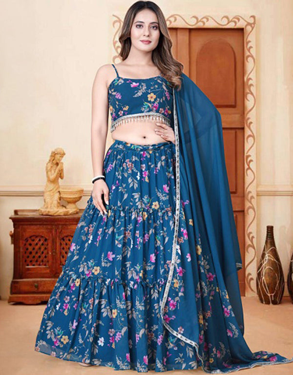Traditional Party Wear Heavy Lehenga Choli Light Navy Weightless Lehenga Choli Front View