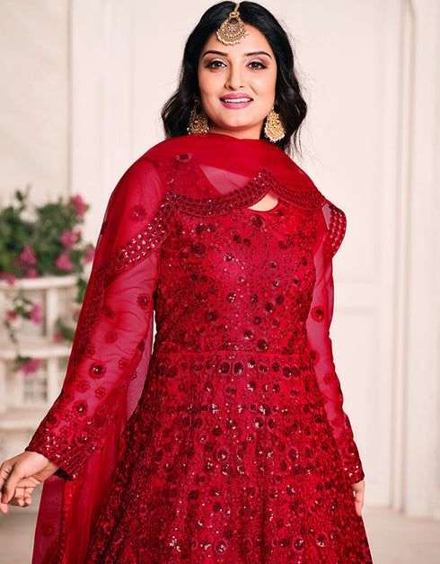 Maroon Net Anarkali Anarkali Back View
